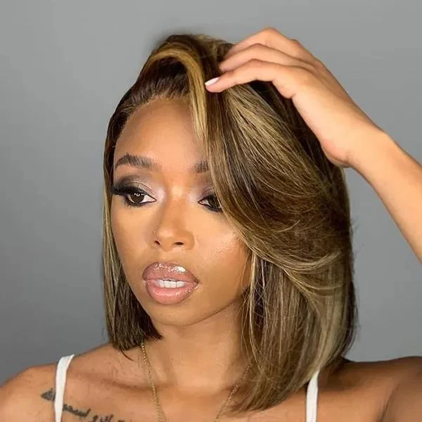 Golden Blonde Highlight Side Part Long Bob Lace Front Wig