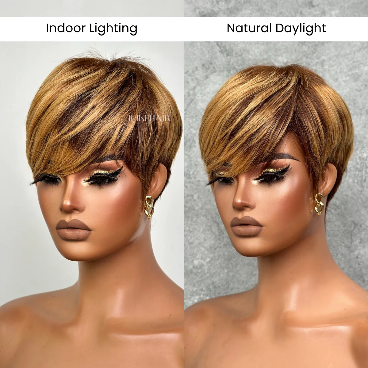 Put on  & Go Blonde Highlight with Bottom Brown Pixie Cut Wig