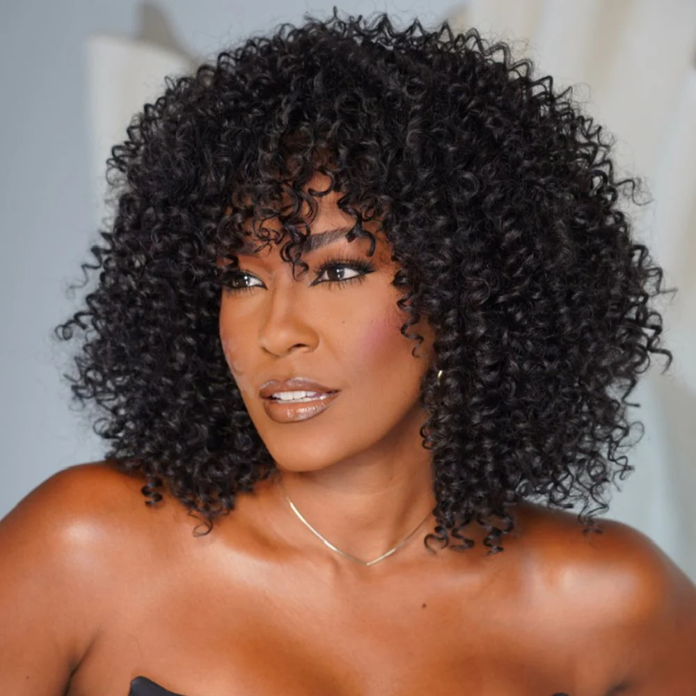 Put on & Go Trendy Curly Glueless Bob Wig With Bang