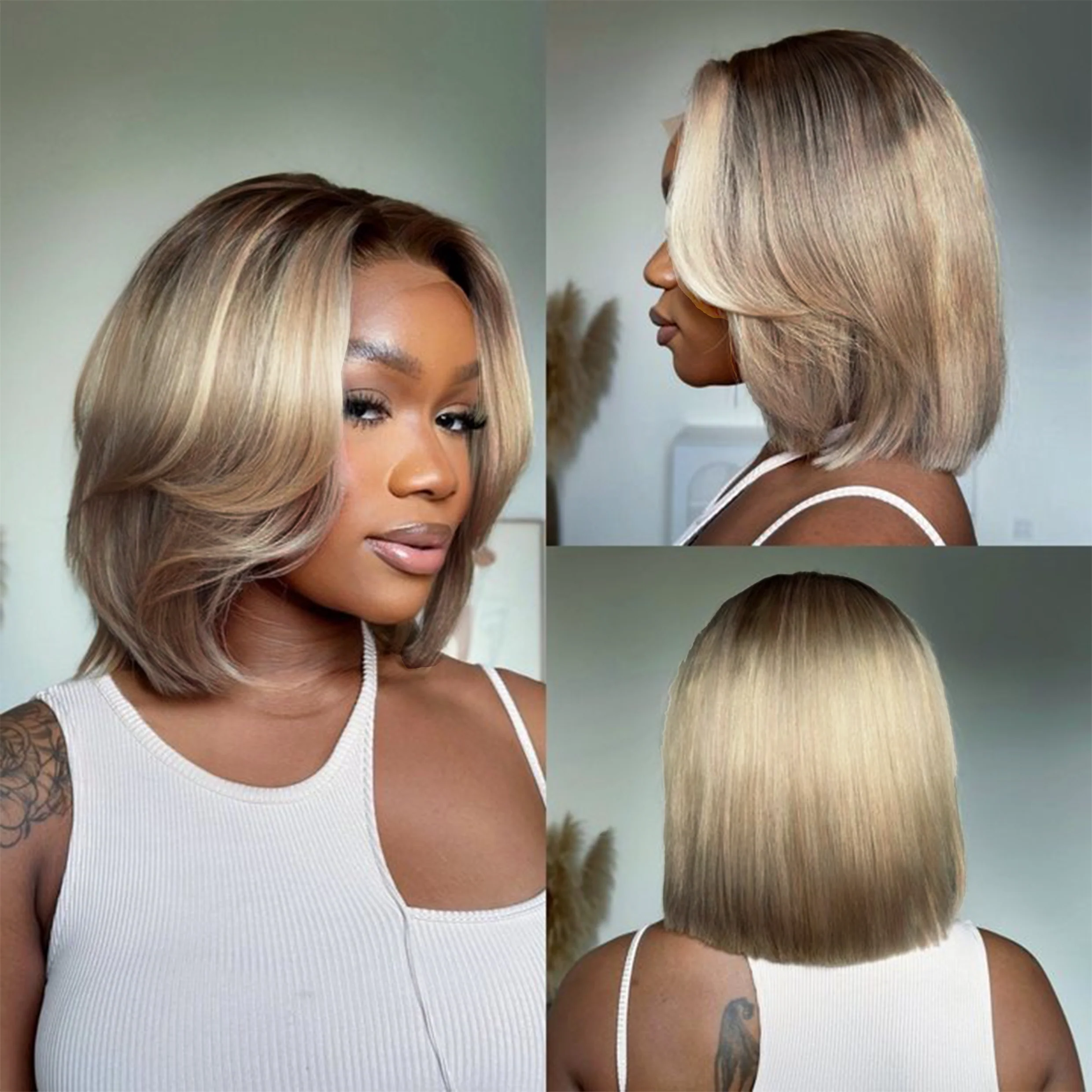Ombre Ash Blonde Layered Cut Blowout Bob 13��4 Lace Frontal Wig