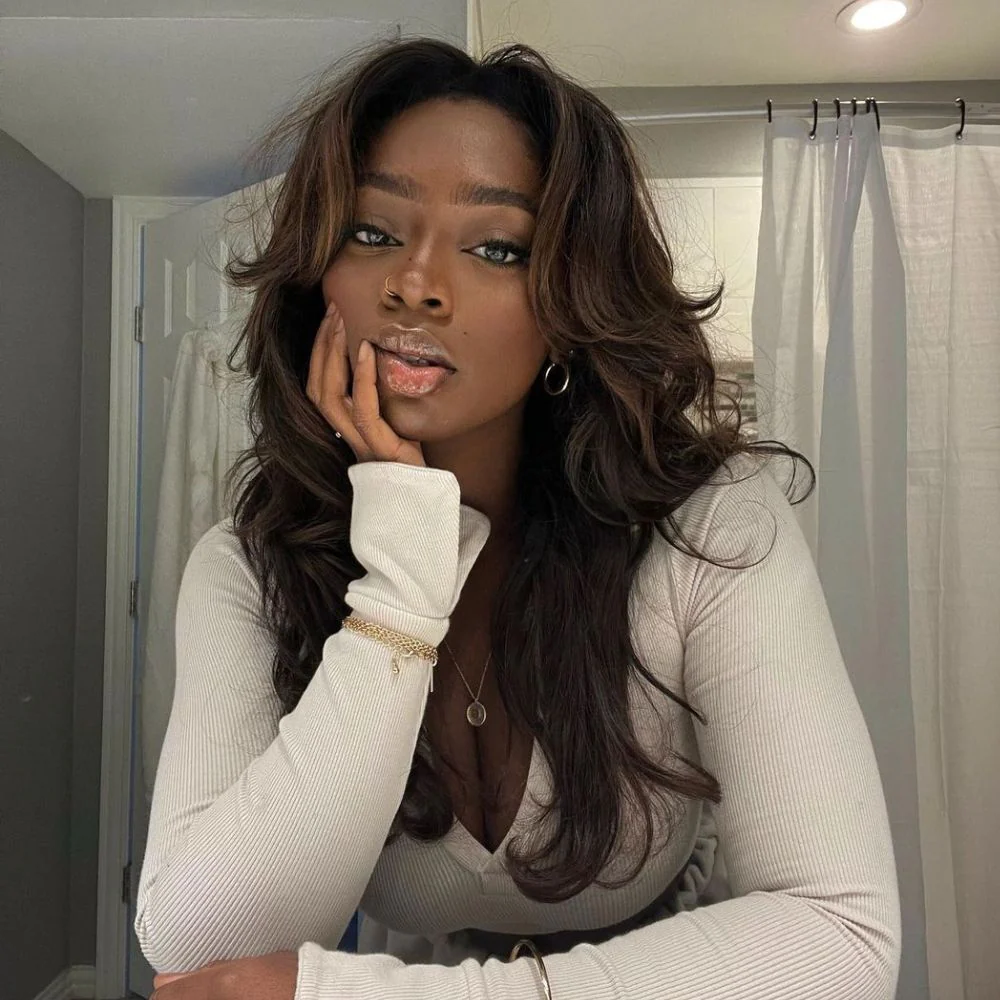 Face Framing Cocona Brown Layered Wavy With Curtain Bangs Lace Closure Wig