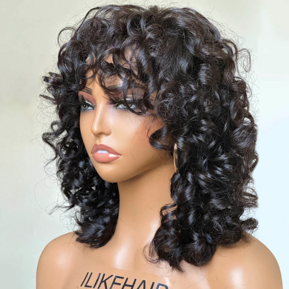 Short Loose Bouncy Curly Human Hair With Bangs Glueless Wig