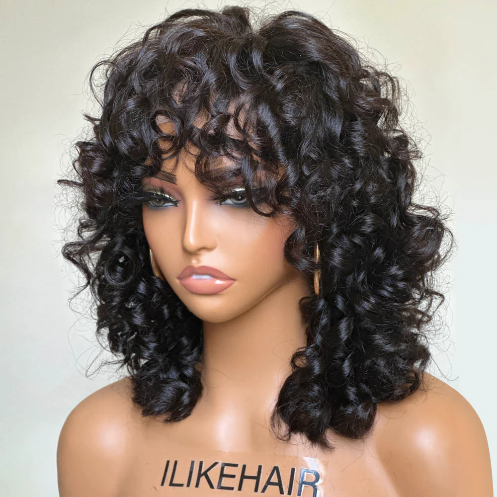 Short Loose Bouncy Curly Human Hair With Bangs Glueless Wig