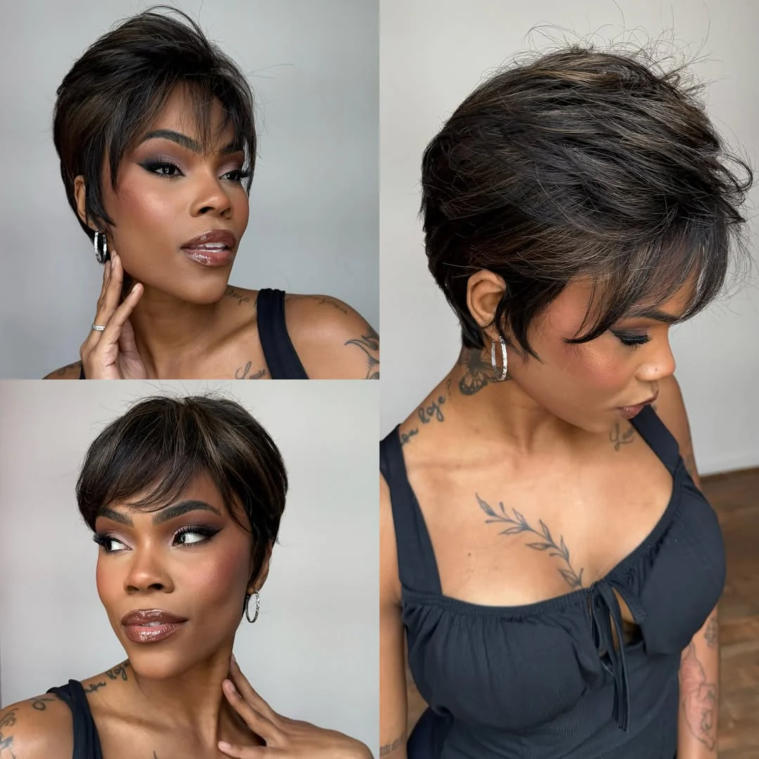Put On & Go Brown Highlight Layered Pixie Cut Wig With Bangs