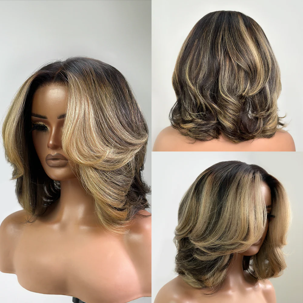 Blonde Highlight Layered Cut Bob 5x5 Lace Closure Wig