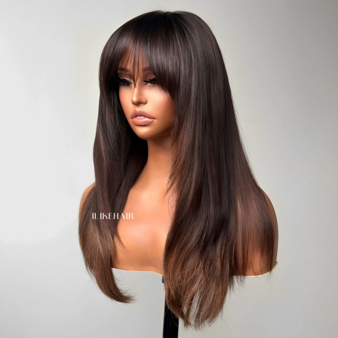 Brown Highlight With Bang Layered Cut 5��5 Lace Human Hair Wig