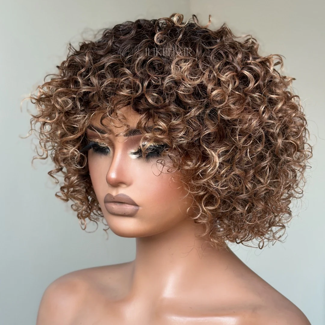 Put On & Go Short Ombre Honey Blonde Curly Wig With Bangs