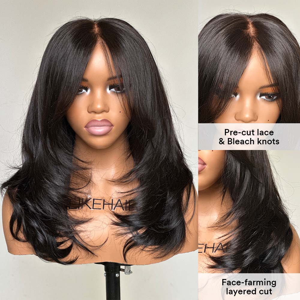 Put on & Go Layered Wavy Curtain Bangs Pre Cut Lace Closure Wig