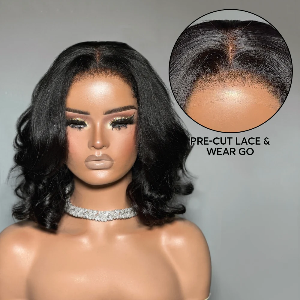 Put on & Go Yaki Wavy Bob  5x5 Pre-cut Lace With Kinky Edges  Wig