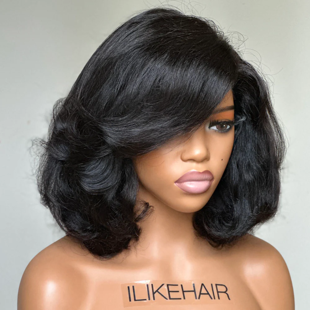 Natural Black Short Layered Wavy Bob Lace Wig