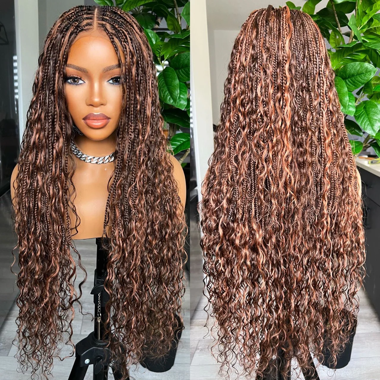 Flexi-fit Full Lace Knotless Bohemian Braided Curls Ombre Brown Invisi Drawstring Wig