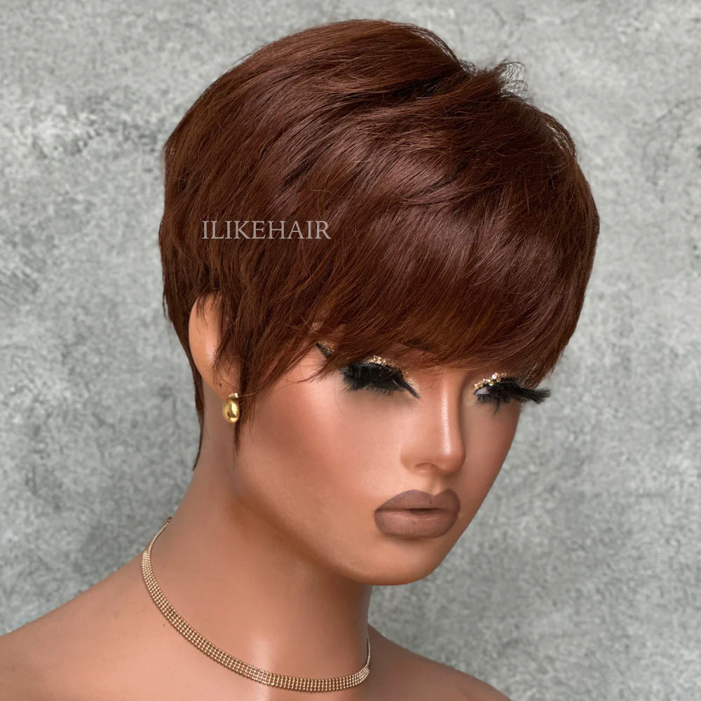 Put On & Go Brown Layered Pixie Cut Human Hair Wig With Bangs