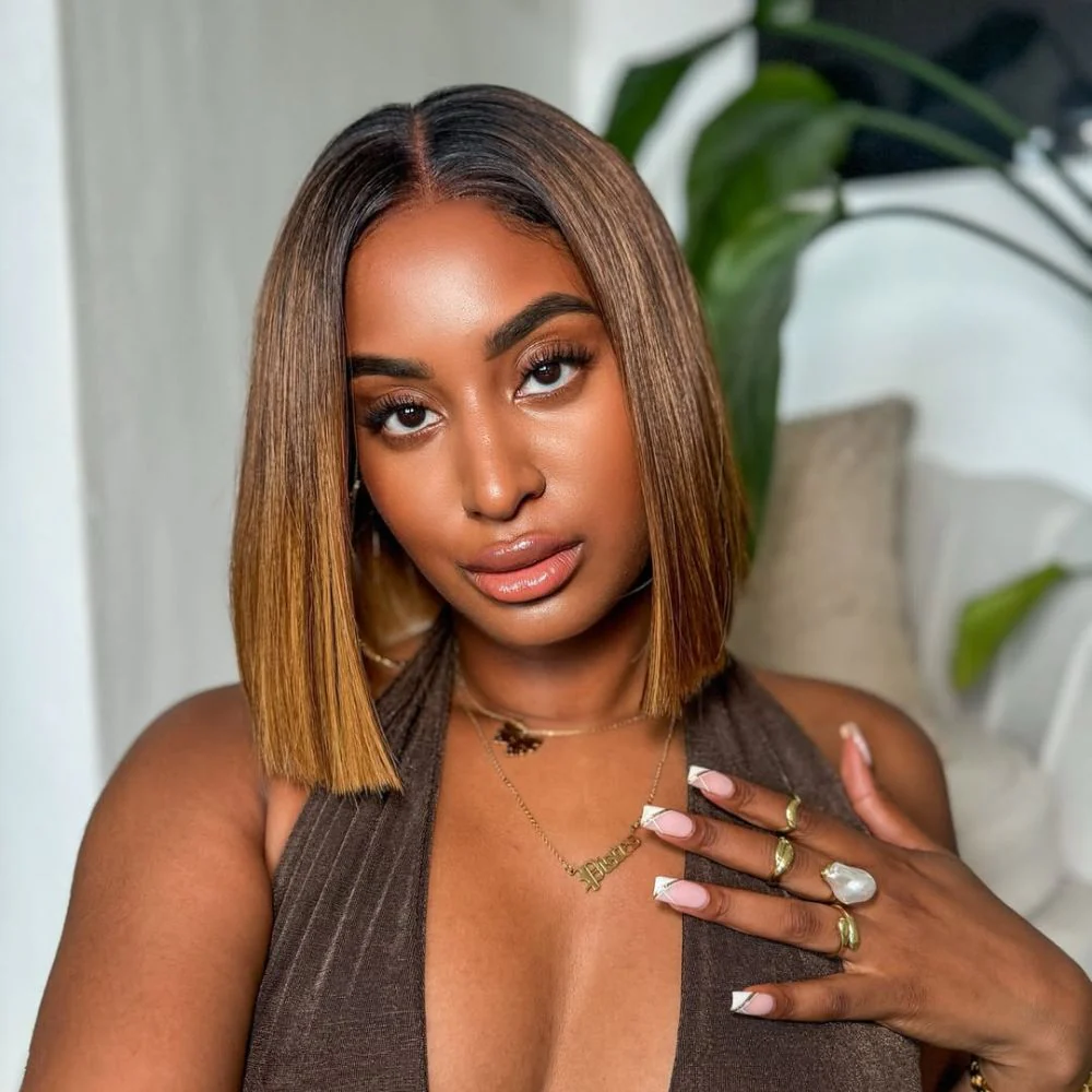 Ombre Brown With Honey Blonde Highlights Adjustable Cap Virgin Hair Bob HD Lace Wig