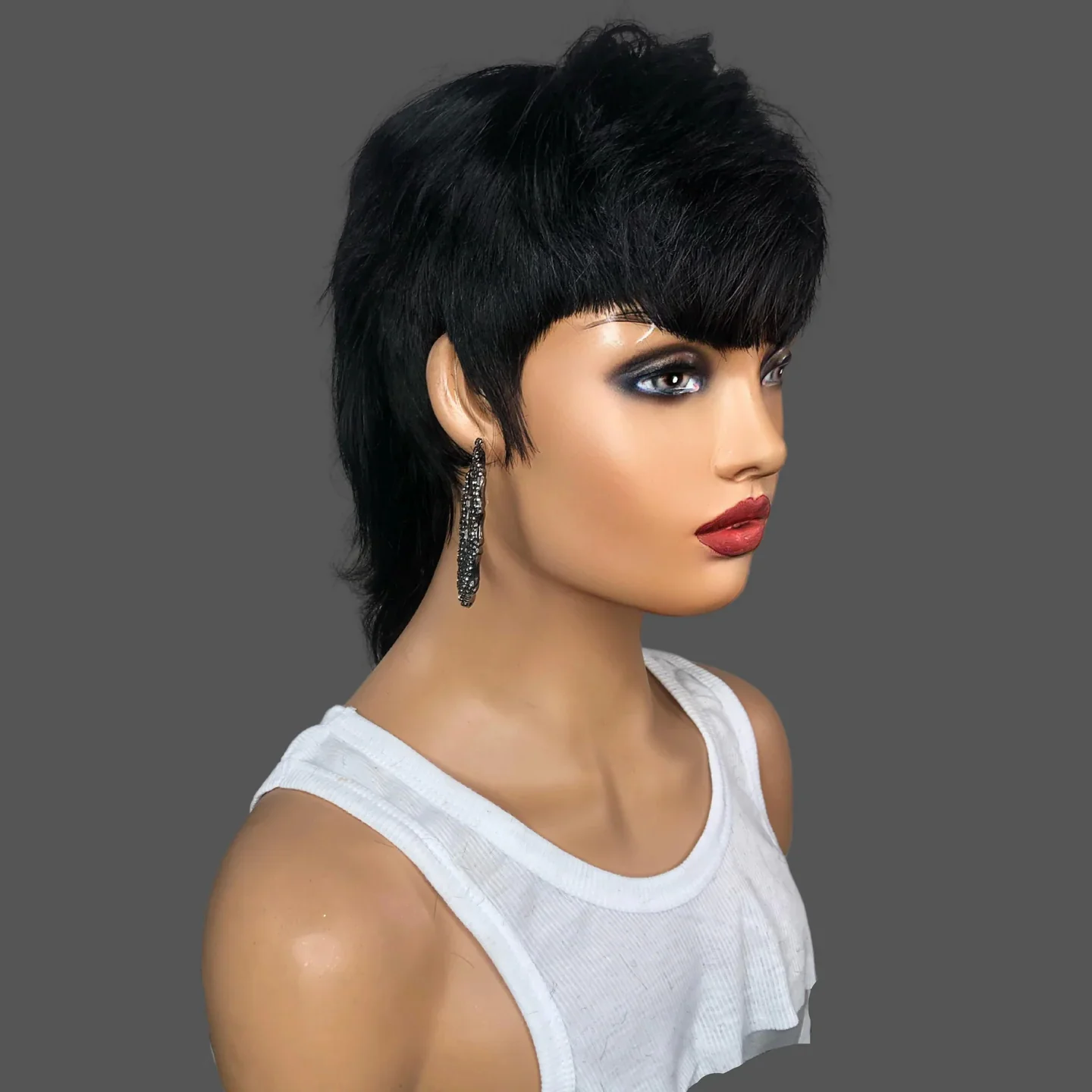 Short Glueless Mullet Wigs For Women Girls 80s 90s Human Hair Natrual Black