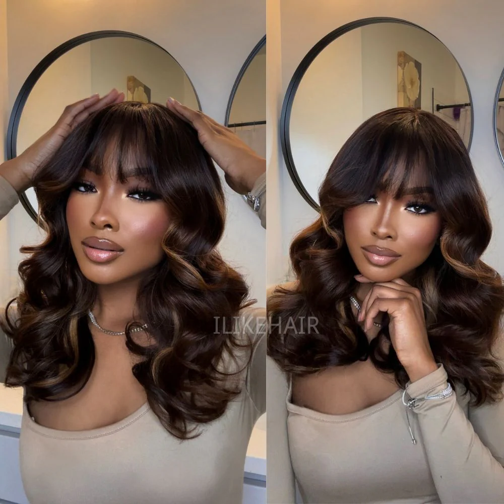 Ombre Chestnut Brown Highlights Curtain Bangs with Layered Cut Wavy Lace Closure Wig