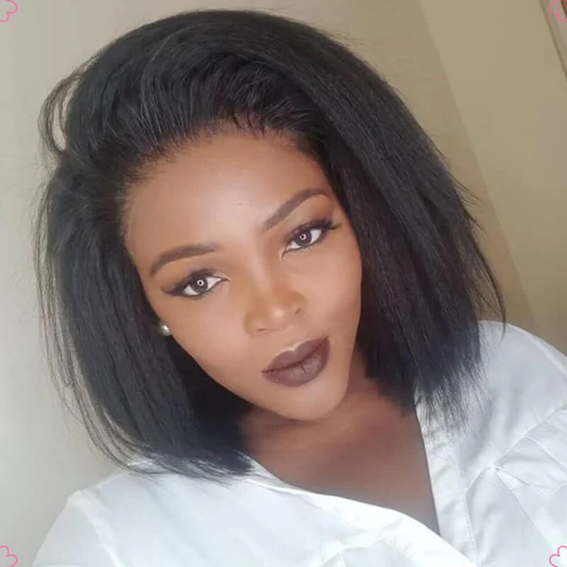 Short Kinky Straight Human Hair Bob Lace Front With Kinky Edges Wig