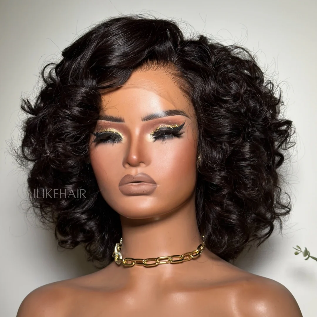 Side Part Fluffy Rose Curly Bob Lace Human Hair Wig