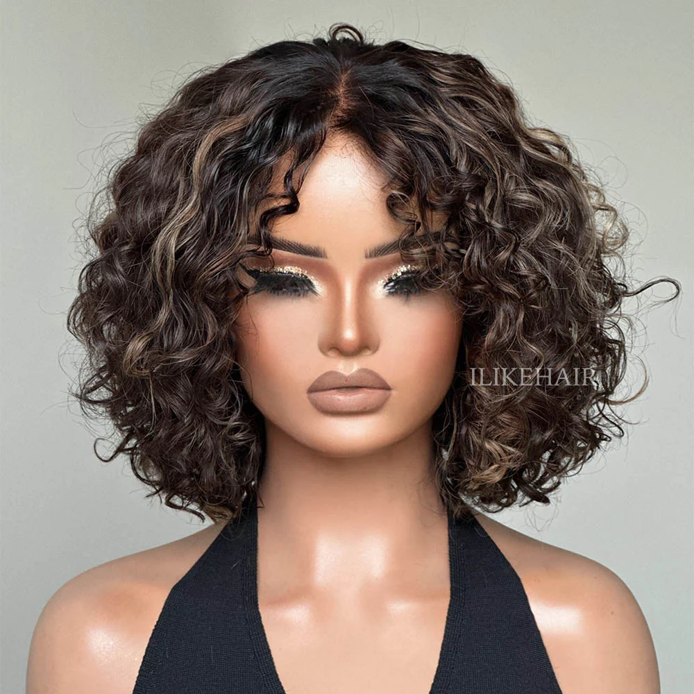 Wig Combo 1-Layered Curtain Bang Wig+ Blonde Curly Higlight Wig