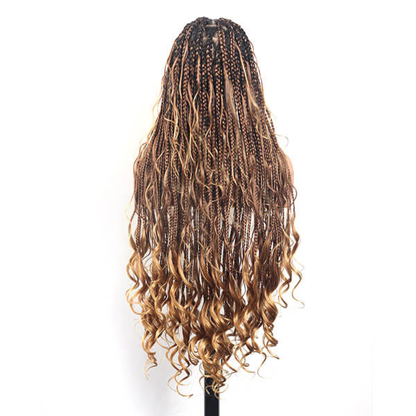 Boho Knotless Braided with Ombre Brown & Honey Blonde French Curls Invisi Drawstring Wig