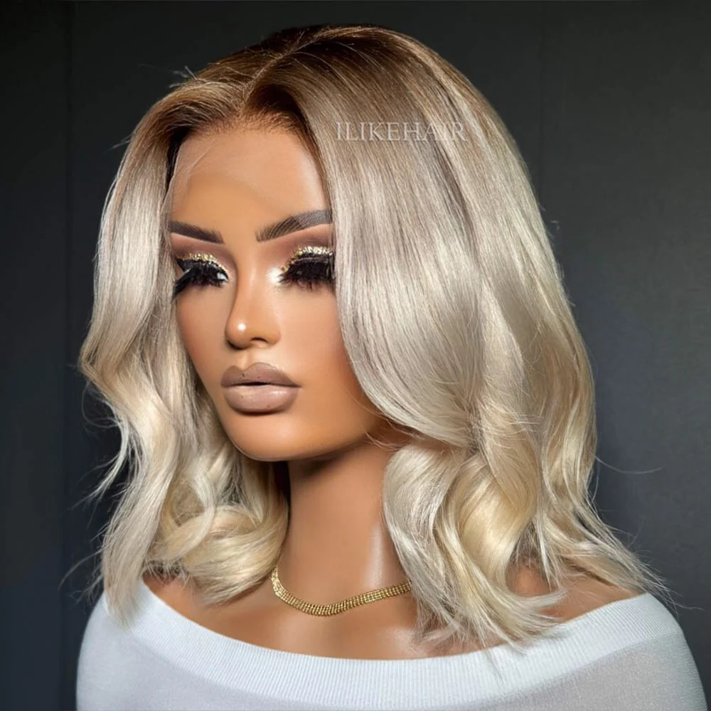 Shoulder Length Blonde Wavy Dark Roots 13x4 Lace Front Wig
