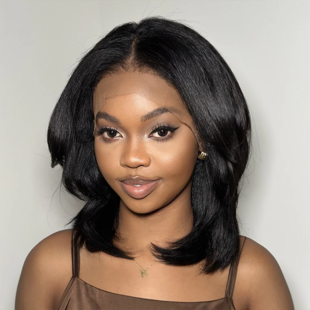 Layered Cut Kinky Straight Bob HD Lace With Kinky Edges Wig