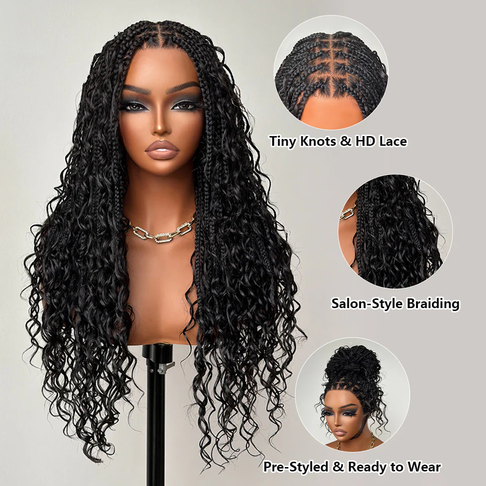 Fully Handmade Knotless Braid Glueless HD Lace Wig with Invisible Drawstring