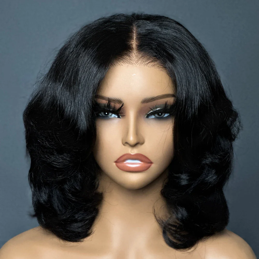 Put on & Go Layered Bob Short Wavy Glueless Human Hair Lace Wig