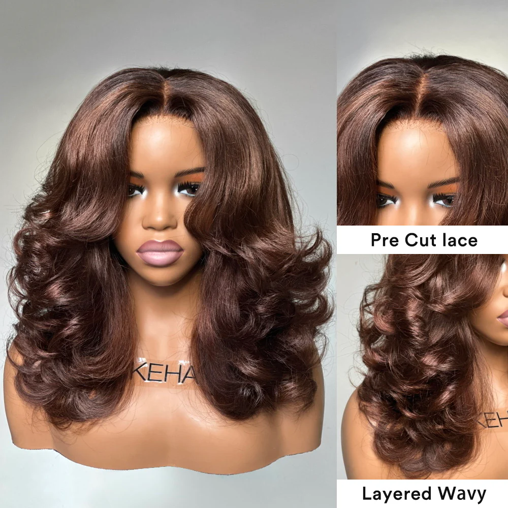 Put on & Go Chestnut Brown Layered Wavy With Curtain Bangs 5x5 Lace Closure Wig