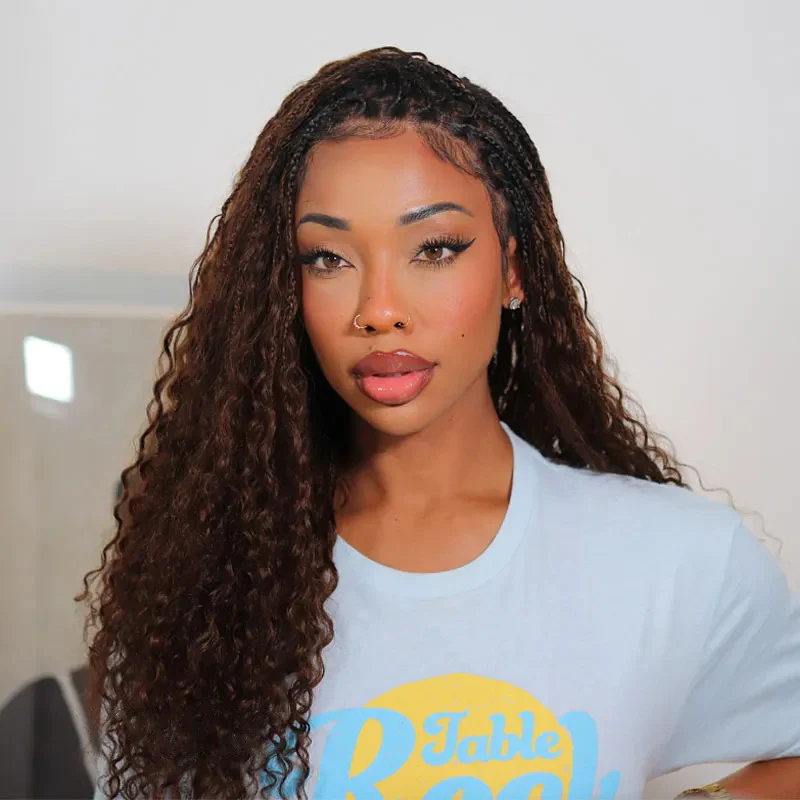 Ombre Brown Full Lace Knotless Boho Curls Braided Invisi Drawstring Wig