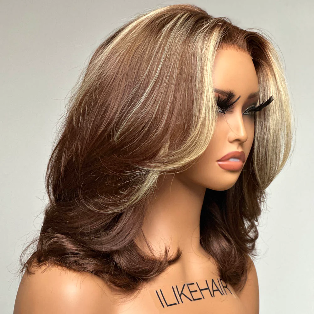 Short Ombre Chocolate Brown with Blonde Highlights 13x4 Lace Front Wig Human Hair