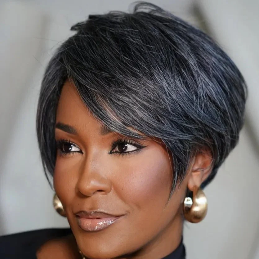 Short Silver Pixie Human Hair Wig with Side Bangs