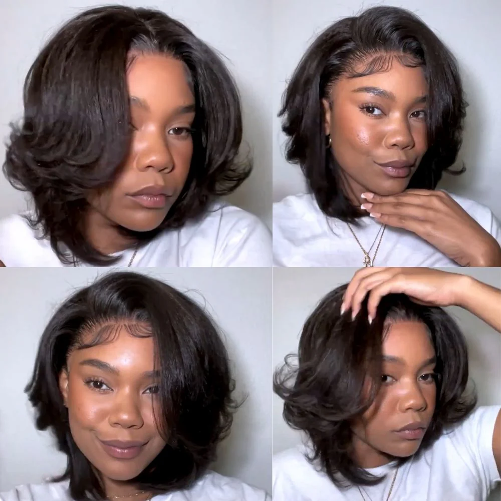 Put on & Go Layered Bob Short Wavy Glueless Human Hair Lace Wig