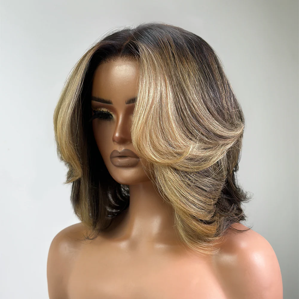 Honey Blonde Highlights Layered Wig with Face-Framing Bangs