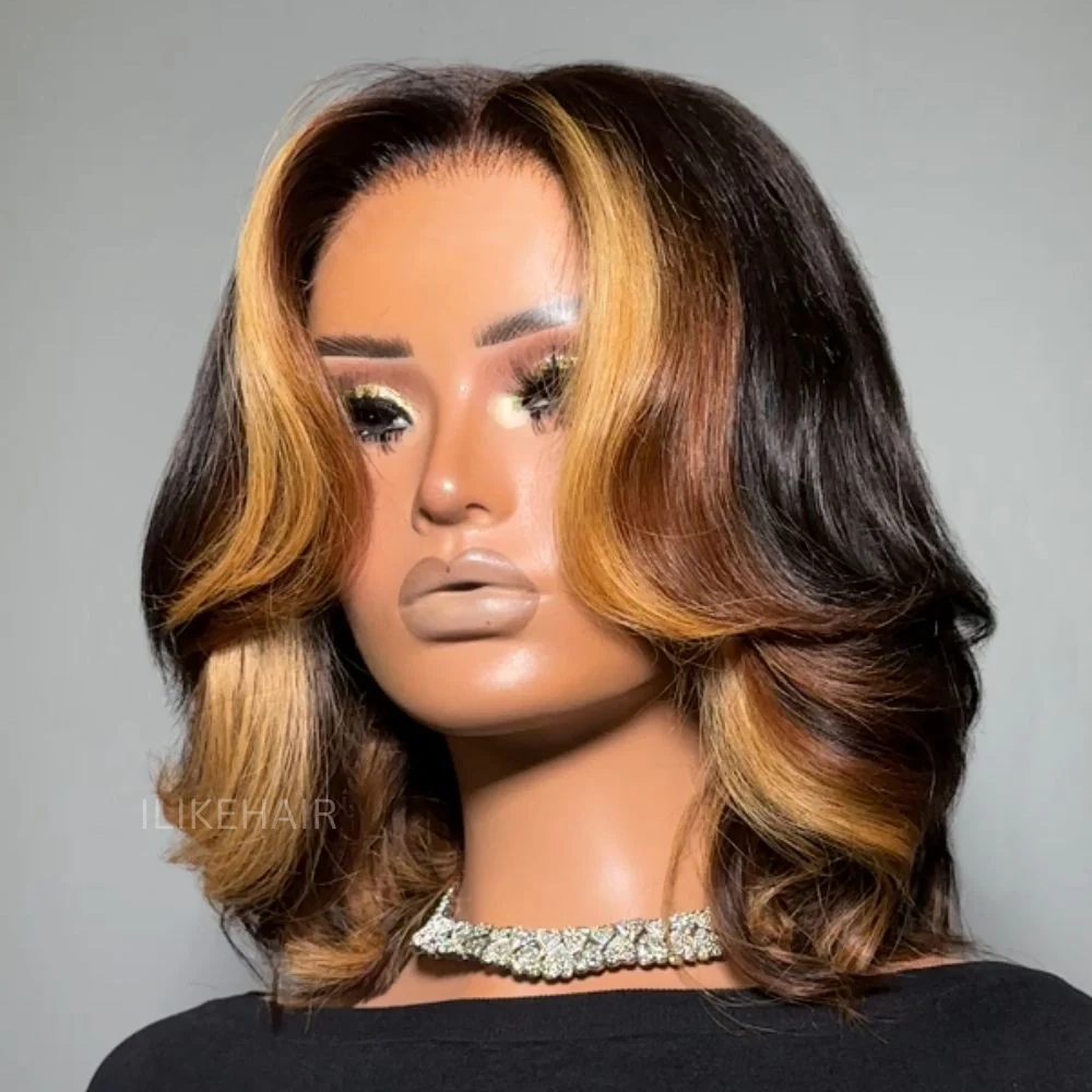 Short Cut Bob Honey Blonde Highlights Lace Wig