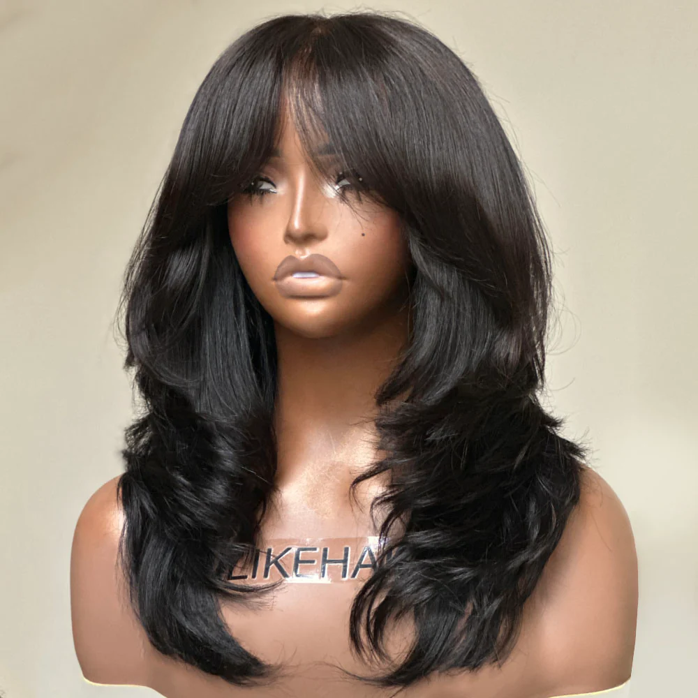 Put on & Go Layered Wavy Curtain Bangs Pre Cut Lace Closure Wig