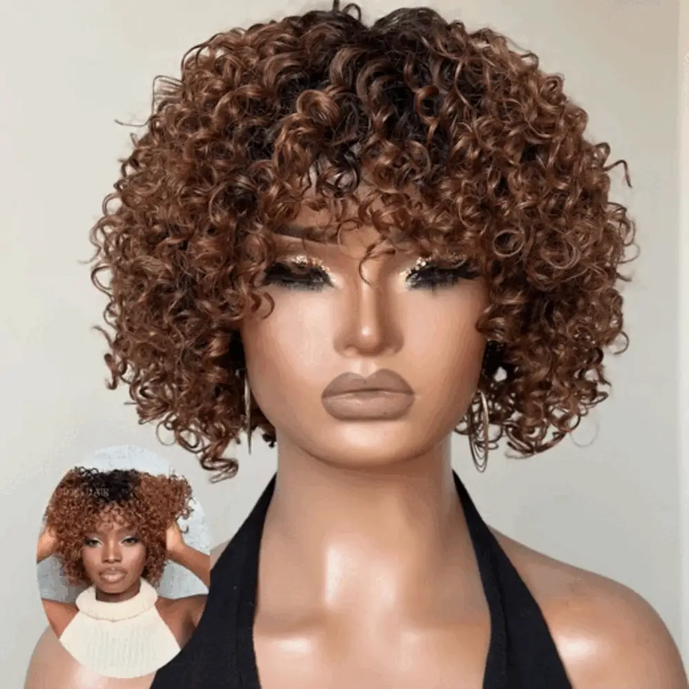 Short Ombre Chestnut Brown Curly Bob Wig With Bangs Beginner Friendly