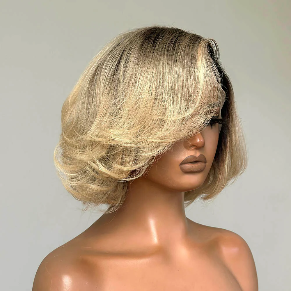 Blonde with Dark Roots Side Part 13x4 Lace Frontal Bob Wig