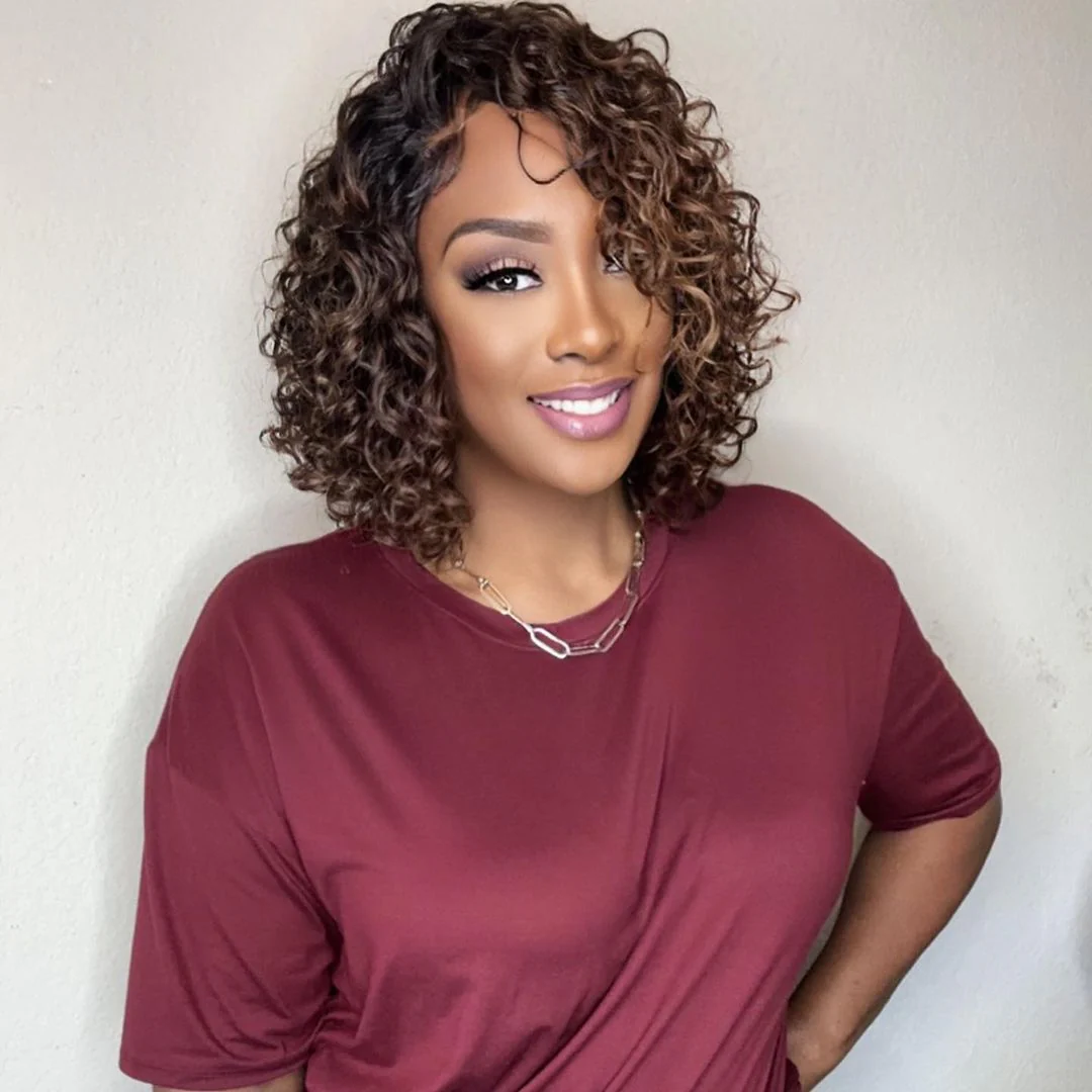Brown Highlights Loose Curly Wash Top 5x5 Lace Bob Wig