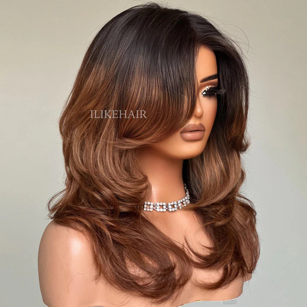Ombre Brown Layered Wavy With Curtain Bangs Lace Closure Wig