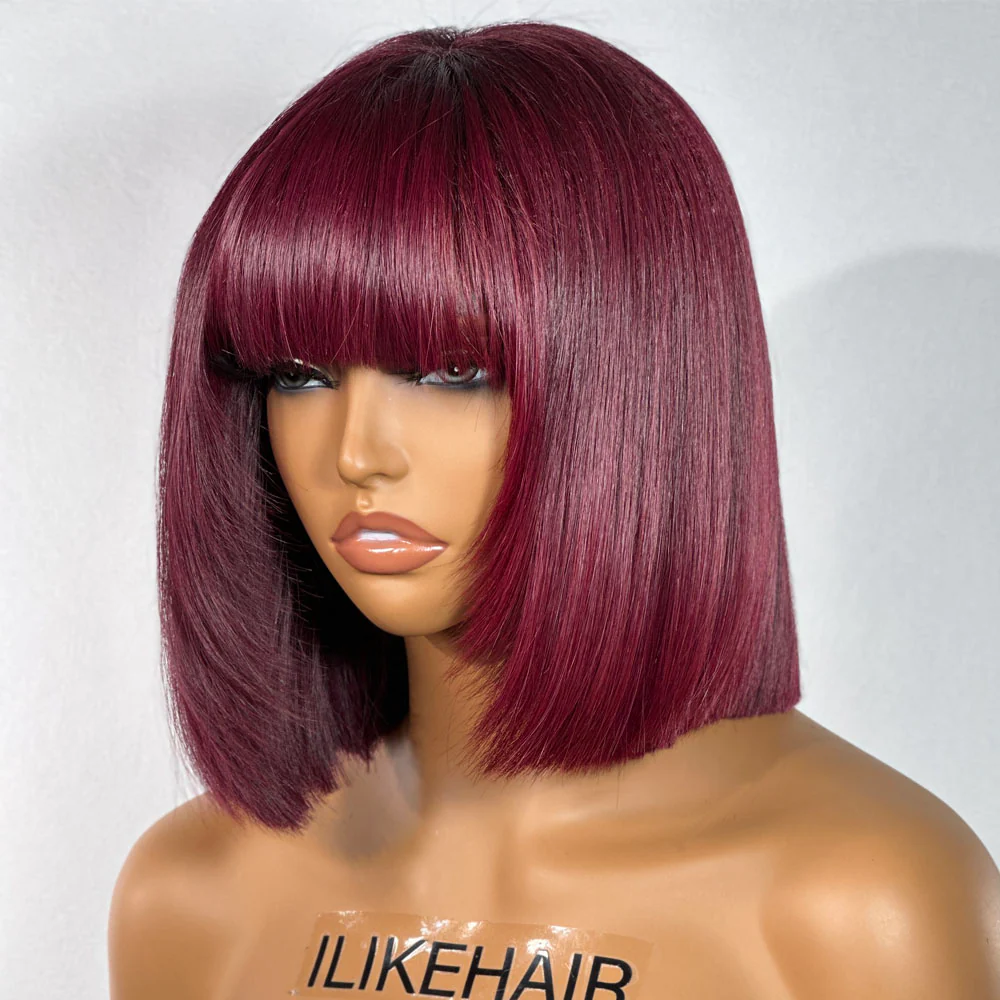 Layer Cut Straight Burgundy Bob 5x5 Lace Closure Wig With Bangs