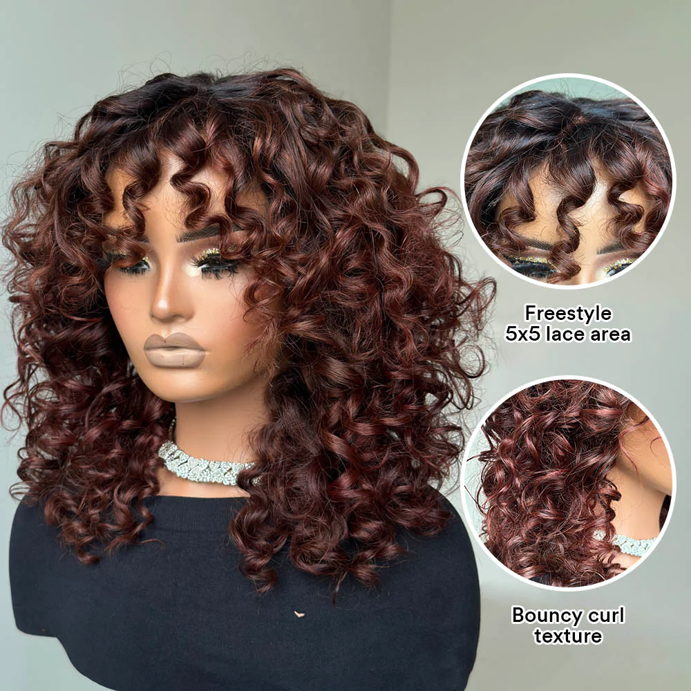 Glueless Reddish Brown With Dark Root Bouncy Curl  Lace Wig
