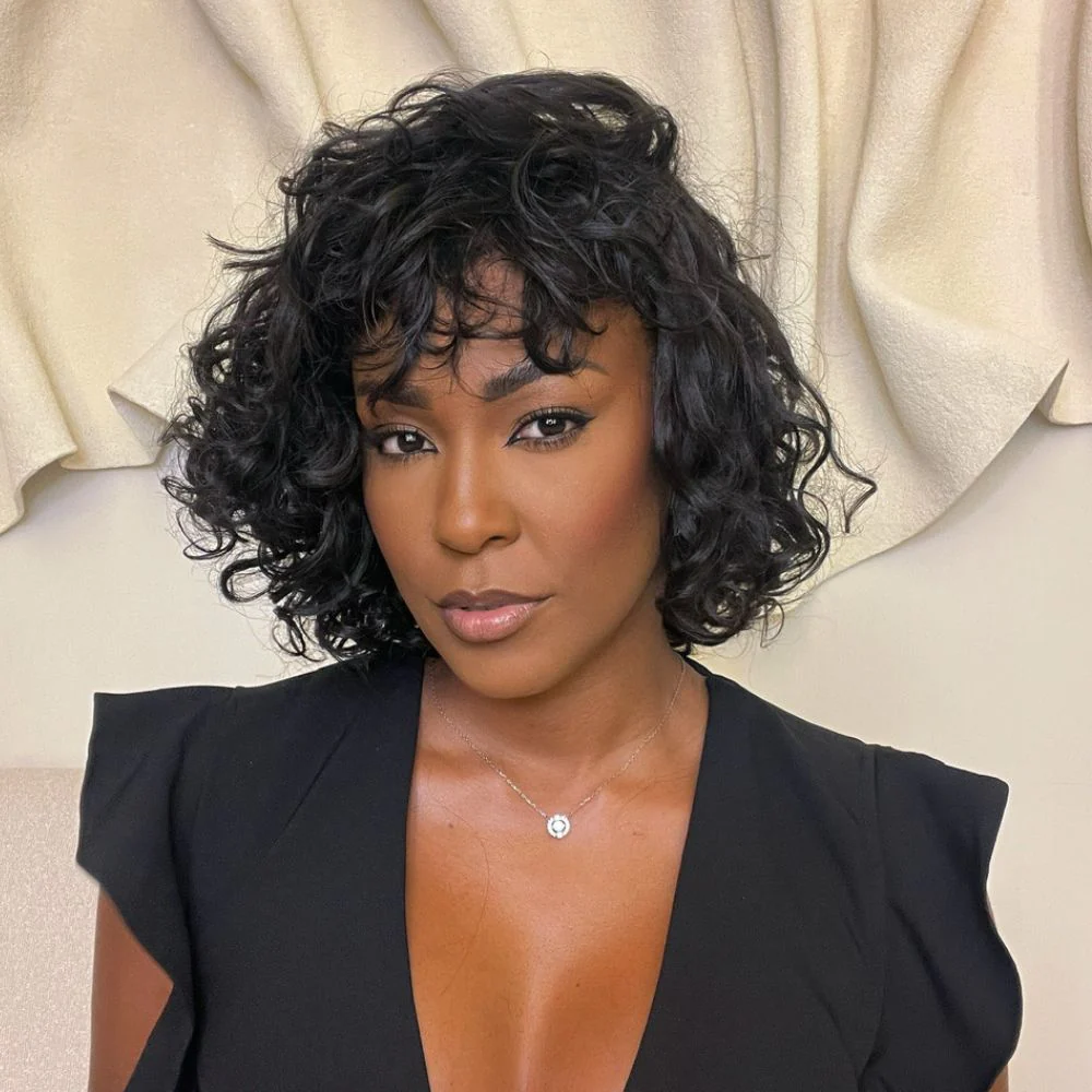 Glueless Natural Balck Short Curly Wig With Bangs