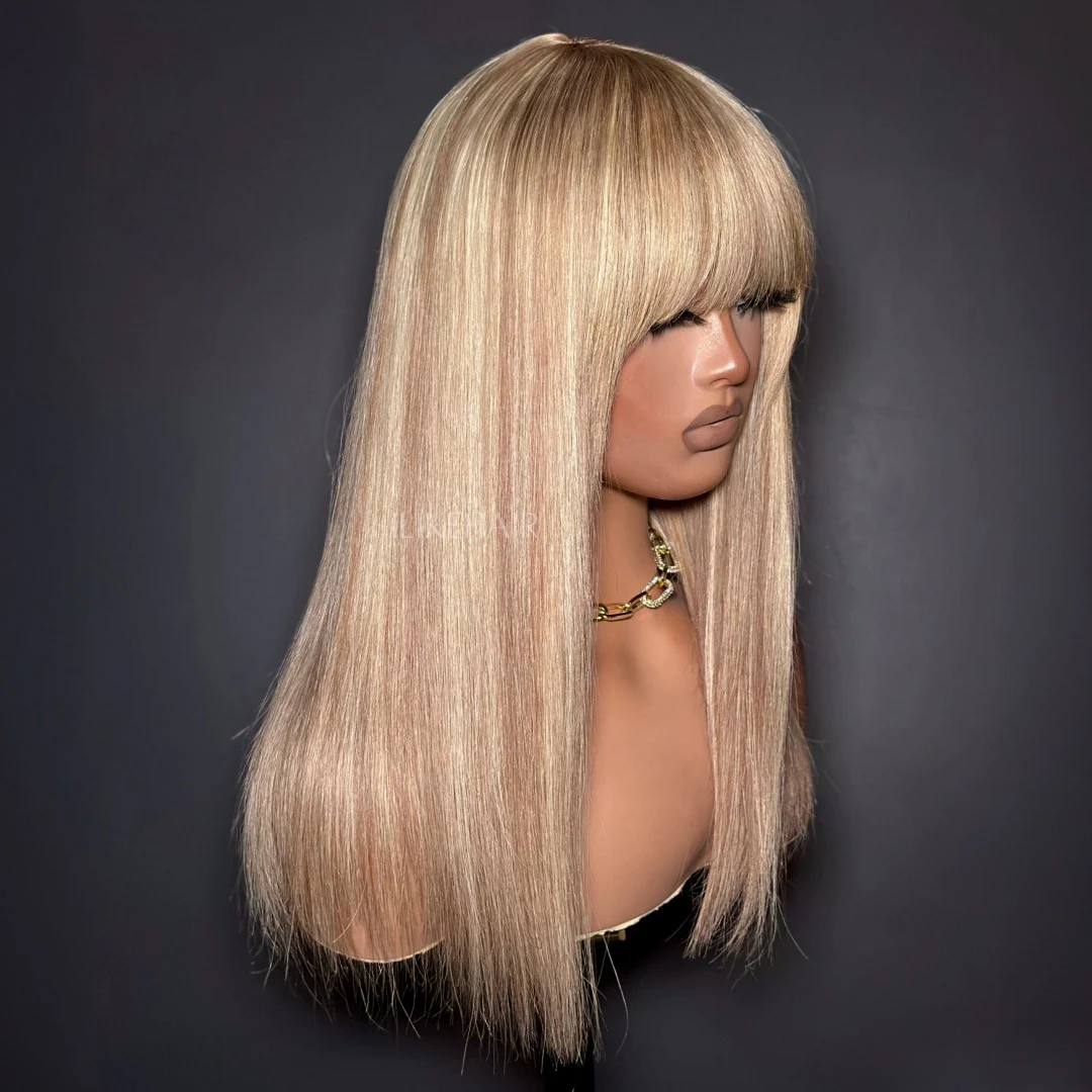 P10/613 Blonde Highlight Straight Glueless Human Hair Wig With Bangs