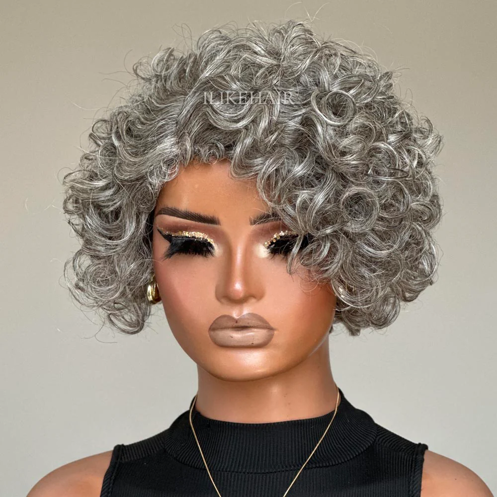 Glueless Ash Grey Rose Curly Bob Human Hair Wig