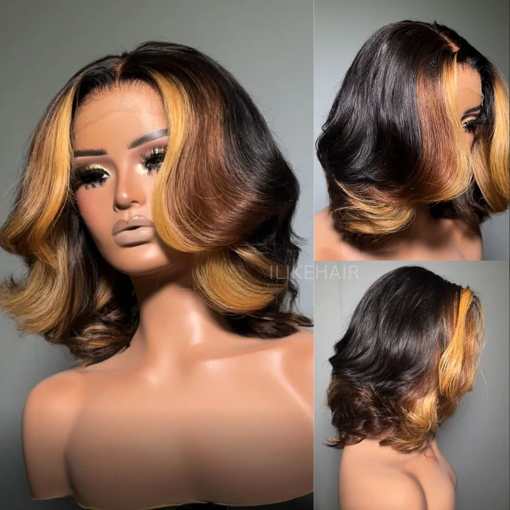 Honey Blonde Highlights Layered Cut Bob Lace Wig