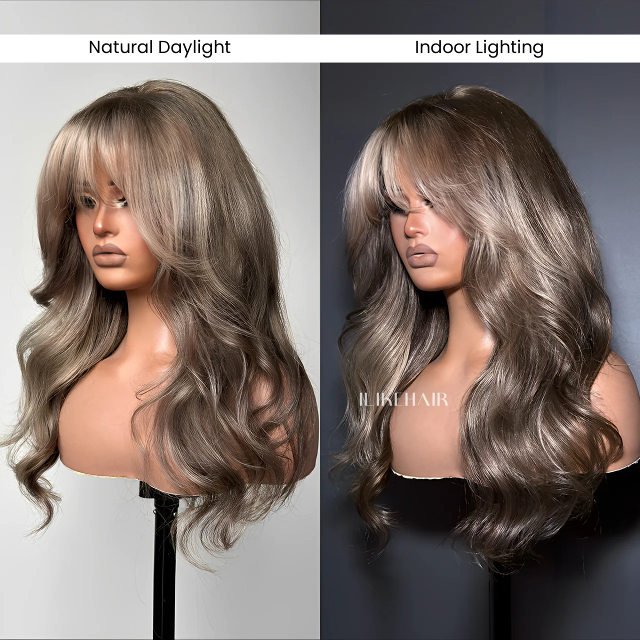 Ombre Ash Blonde With Brown Highlights Layered Cut Wavy Wig With Bang