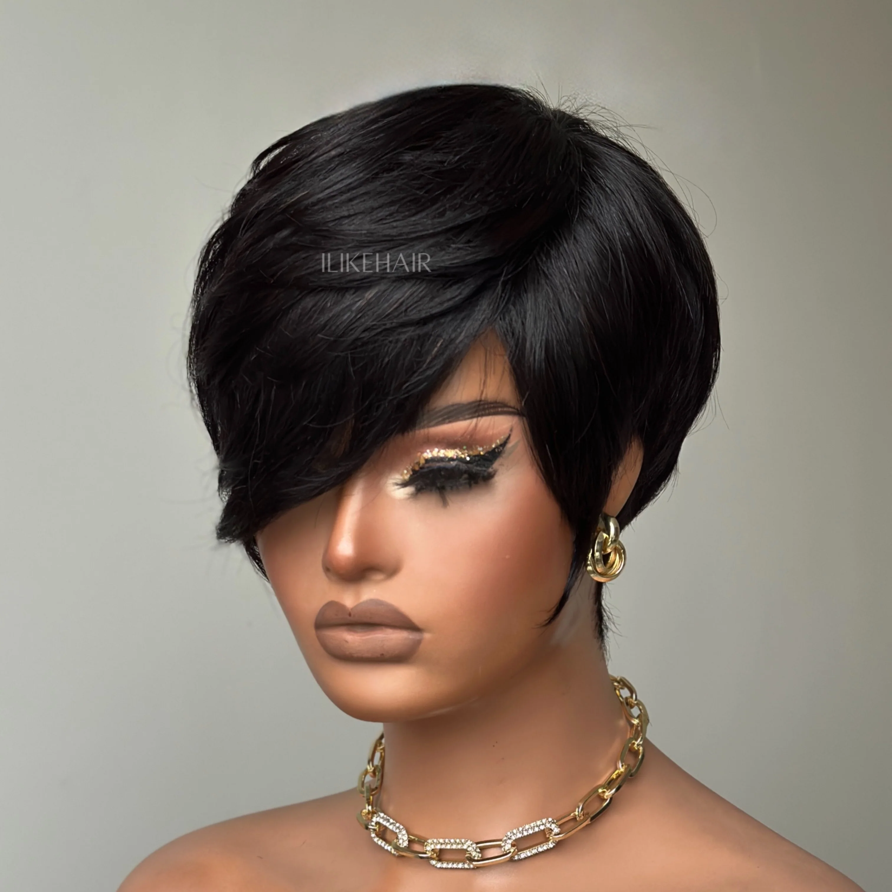 Short Pixie Cut With Long Bangs Glueless Human Hair Wig