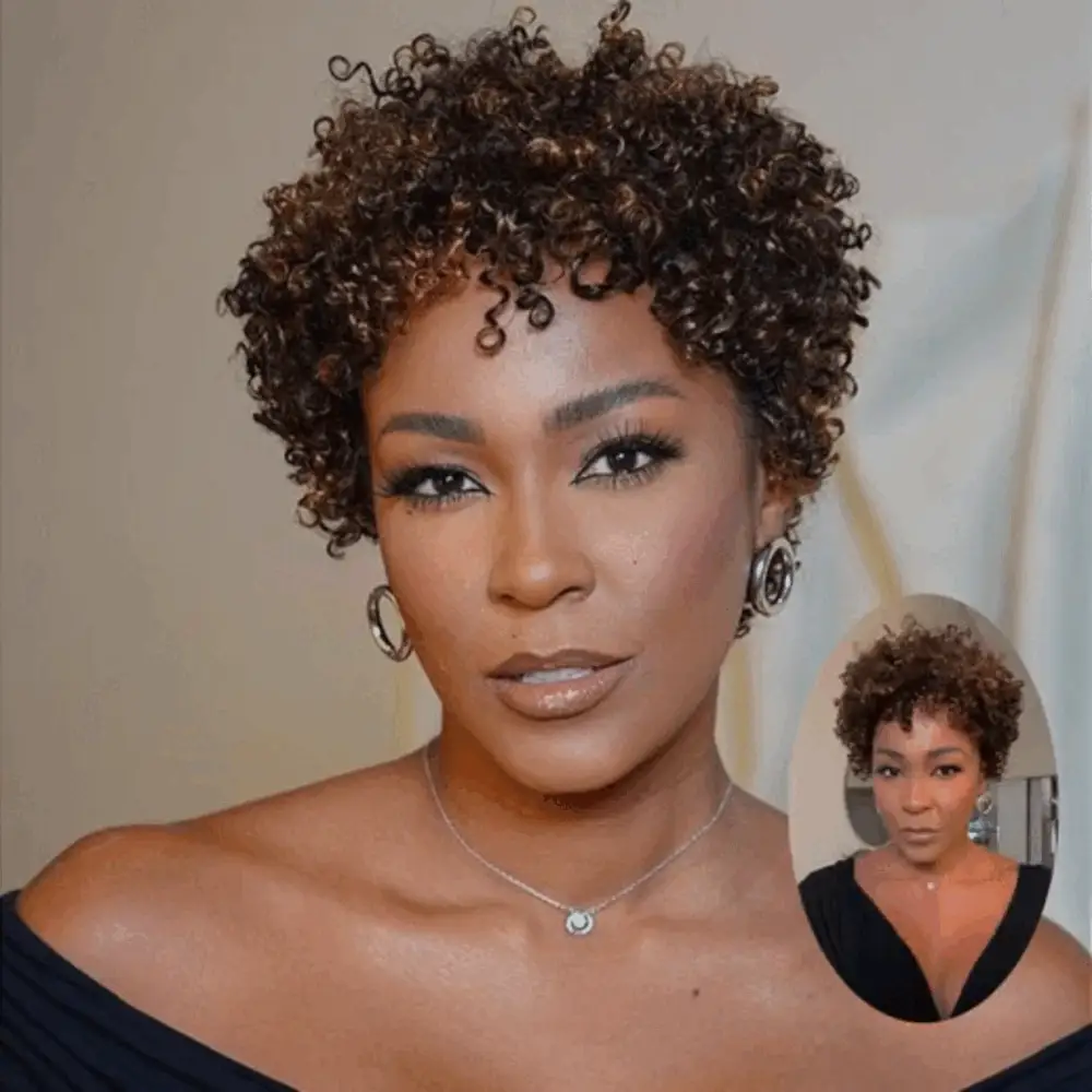 Glueless Light Blonde Highlights Afro Curls Short Curly Wig P2/27