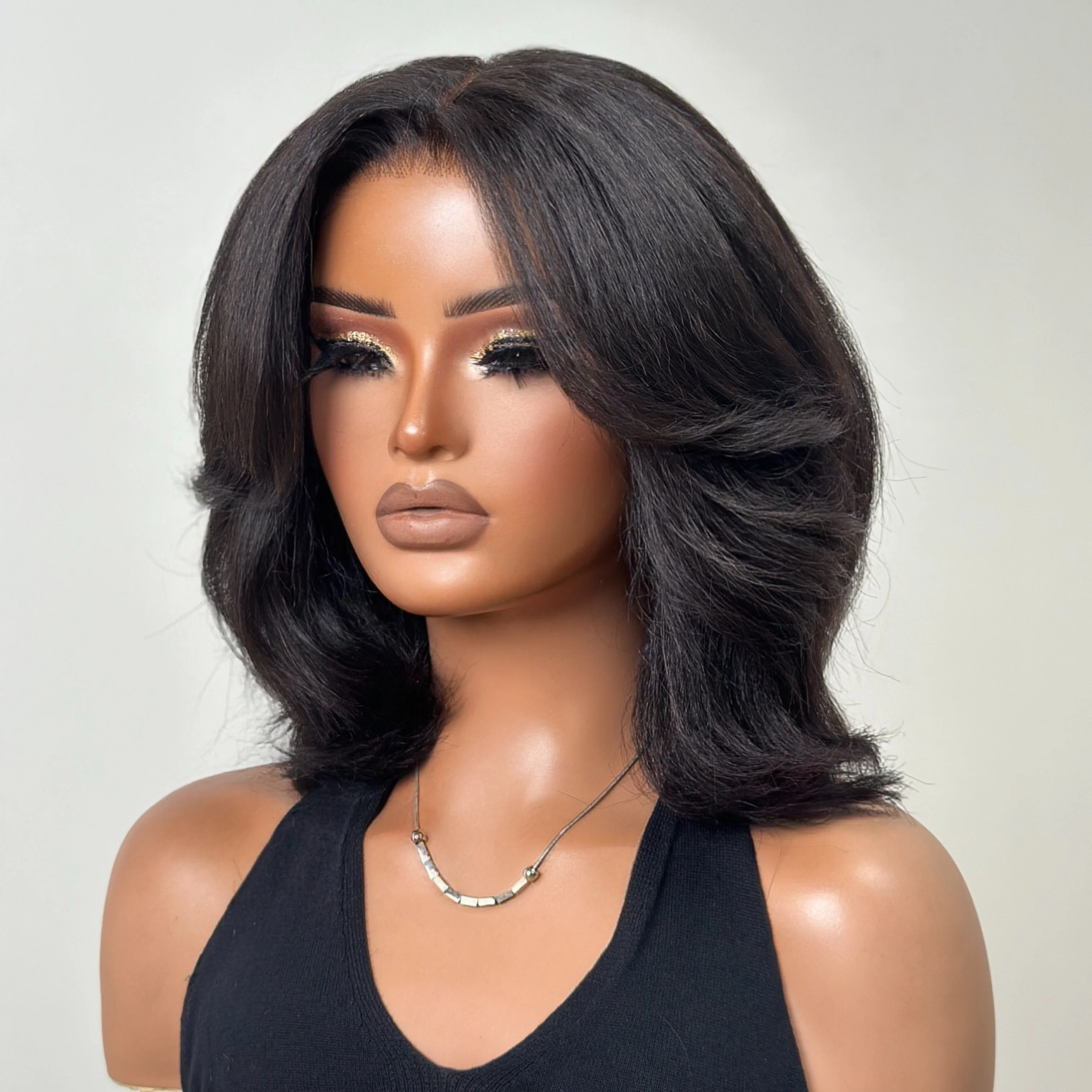 Natural Kinky Straight Layered Blowout Bob Wig