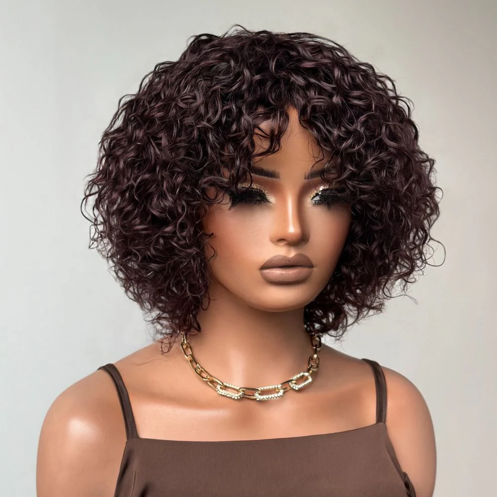 Put On & Go Dark Brown Curly Bob Wig With Bangs